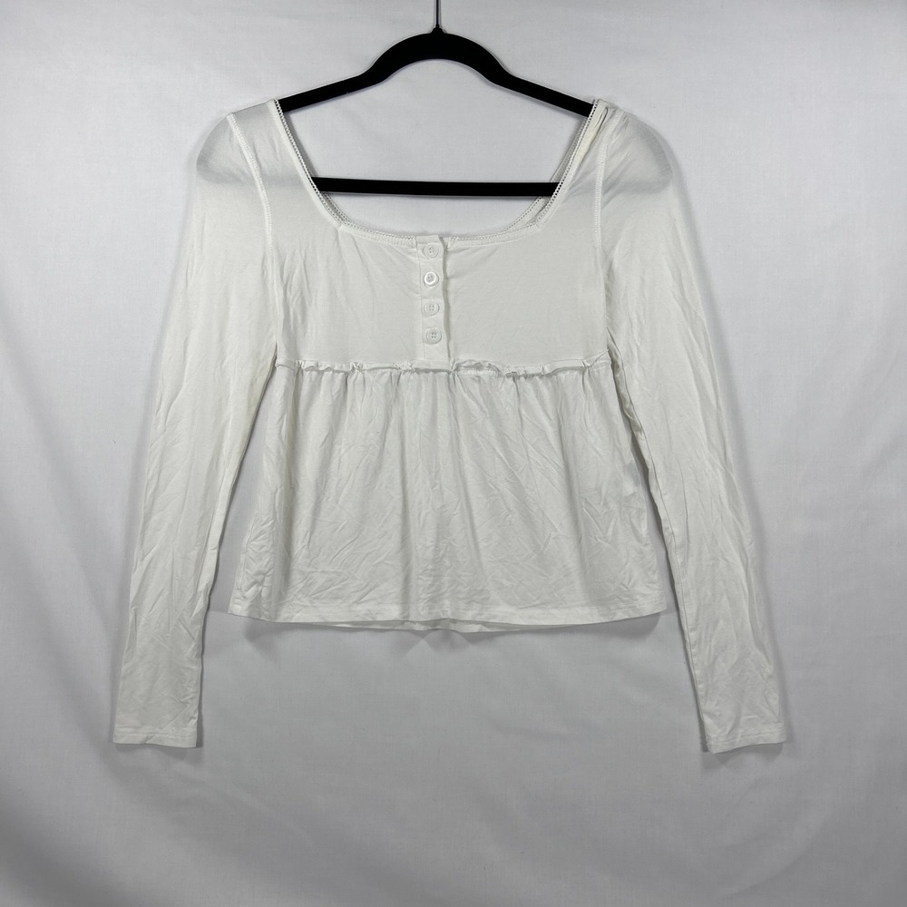 White Long Sleeve Button-Front Babydoll Top xs